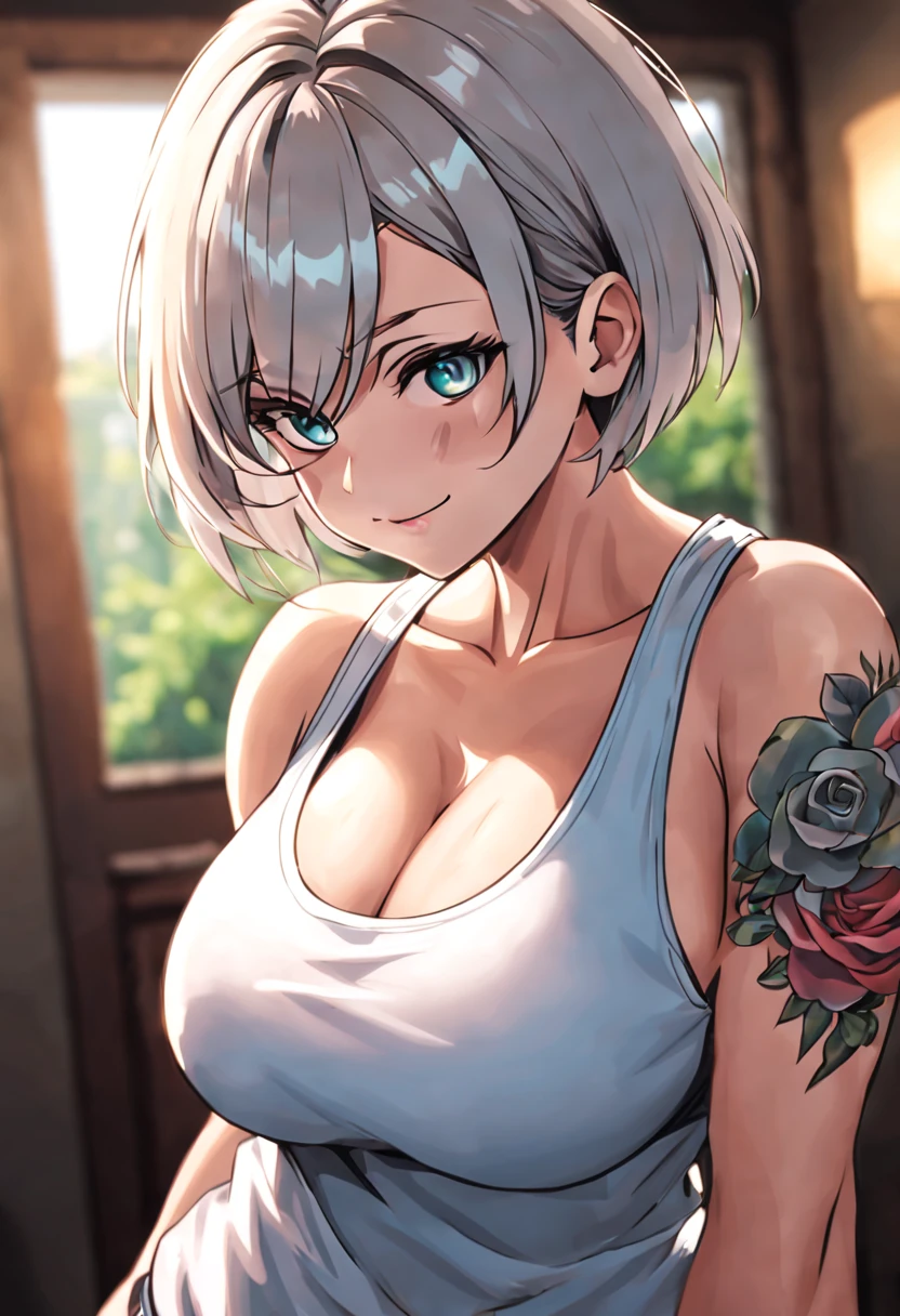 (8k quality wallpaper, amazing quality), (beautiful, realistic),perfect face, perfect eyes,(gangster woman in her 30s) in (tank top) ,(big breasts, cleavage), (muscular),(smile), (tattooed),badass aesthetic, bokeh, depth of field