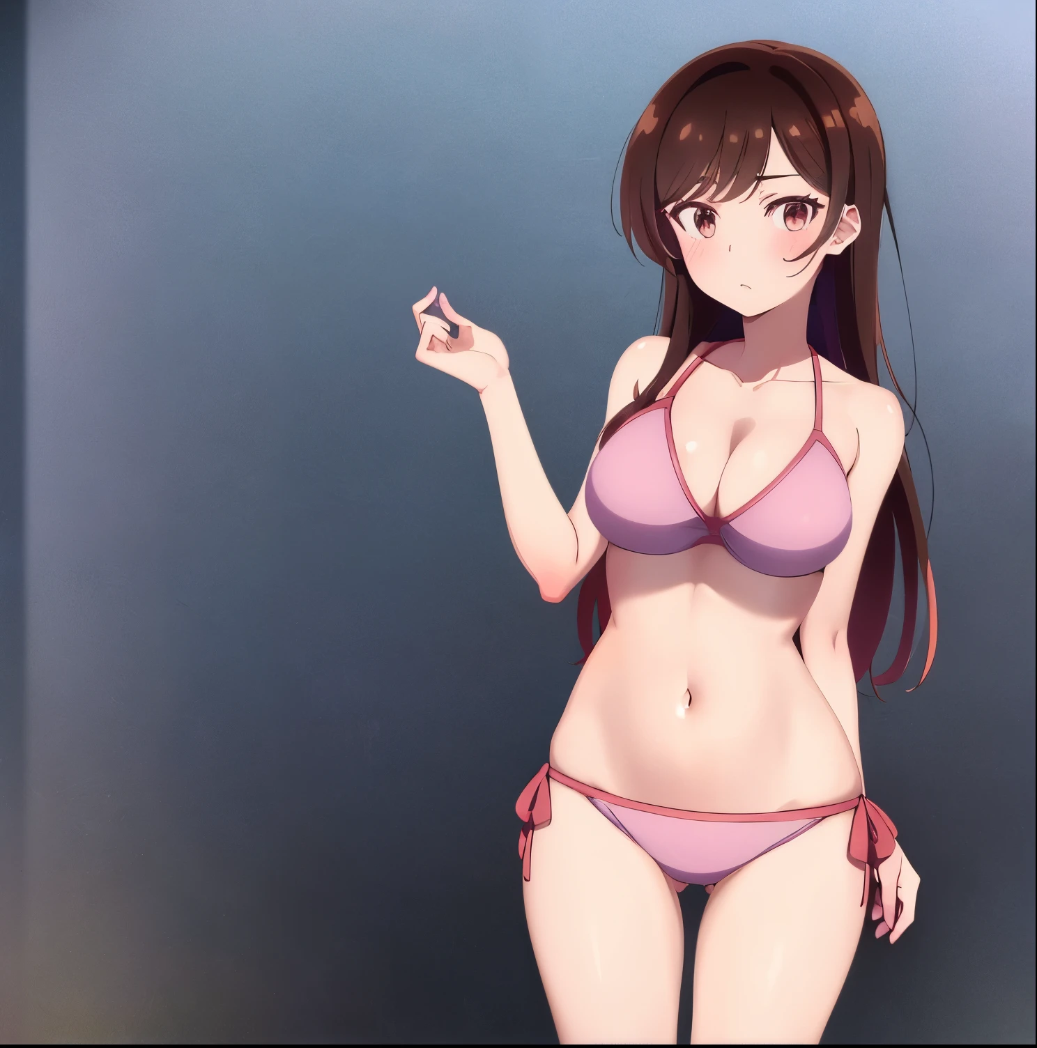  1girl, alone, Chizuru mizuhara,masterpiece, best quality, 8k wallpaper, beautiful detailed eyes, 1girl, solo, long_hair, breasts, looking_at_viewer, blush, brown_hair, navel, cleavage, brown_eyes, medium_breasts, standing, collarbone, swimsuit, bikini, cowboy_shot, side-tie_bikini_bottom, halterneck, ass_visible_through_thighs, thigh_gap, pink_bikini, good hands, good anatomy ,big breasts, medium waist, wide hips, medium thighs, long hair, brown hair, brown eyes