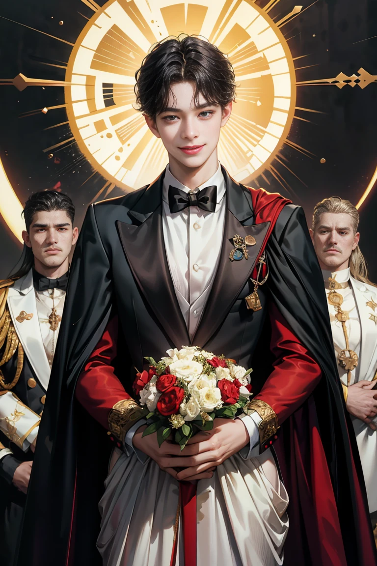 masterpiece, 最high quality, high quality, 1 boy, alone, male focus, looking at the viewer, whole body, victory_destiny, messy black hair, blue adorable big eyes, white people, Noble, noble, noble的な吸血鬼、Tuxedo,A very large red and black cloak with a collar., 25 years old,Cute Beautiful Boy,shy smile