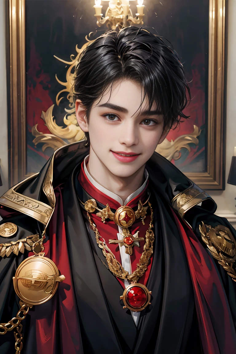 masterpiece, 最high quality, high quality, 1 boy, alone, male focus, looking at the viewer, whole body, victory_destiny, messy black hair, blue adorable big eyes, white people, Noble, noble, noble的な吸血鬼、Tuxedo,A very large red and black cloak with a collar., 25 years old,Cute Beautiful Boy,shy smile