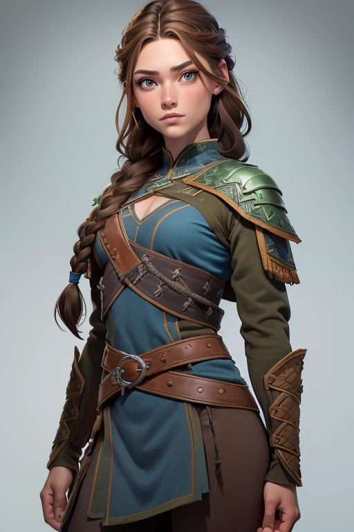 (Obra maestra, La mejor calidad) (young warrior woman of nordic descent), (ojos verdes), (Muscular), (falda de piel), (brown hair color),(loose hair with small braids on the scalp), (top con correa de cuero) plumas, capa sobre el hombro, bufas, (azul, gray and brown suit).