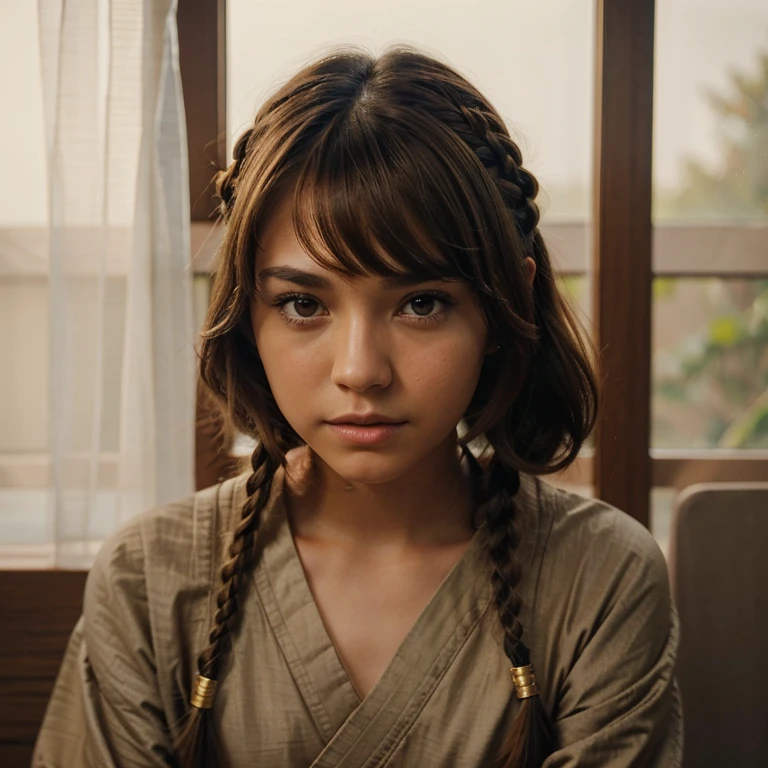 Show me a 15 year old Jedi Padawan (female) wjth brown eyes, and a brown Bob with curtain bangs a and a small Padawan braid
