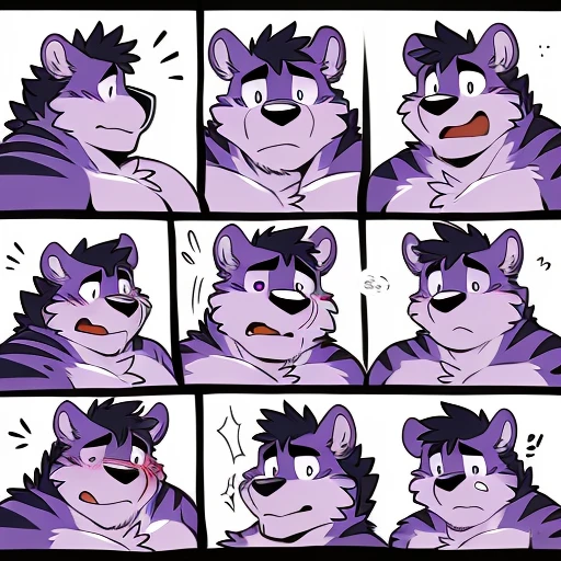 by takemoto arashi, (character expressions sheet, character busts, side view, rear view), laughing, crying, angry, screaming, confused, embarrassed, blushing, sad, pouting, (1boy), solo, male anthro, kemono, (lavender bear), short purple Mohawk, white bangs, dark stripes around chest, one dark purple stripe on back, ((brown torso)), (((fat face, bigger head, short ears))), stocky, short stature, chubby, muscle, hunk, sexy, bara, handsome boy, ((big eyes, expressive eyes, simple eyes, hazel eyes)), (masterpiece, high res, best quality), 4k, soft skin, warm color