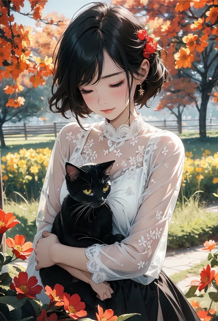 (8k、Realism、original photography、top quality: 1.3)、(1 girl in)、super beautiful、(serious)、(childish、Natural color berry shorthair cat)、T-shirt with open chest、lace，Engage your audience、beautiful expression、beautiful 、Lover&#39;s perspective、（real skin）、beautiful smile、（Soldier）、Tempting、ultra high resolution、Surrealism、high detail、On the flower