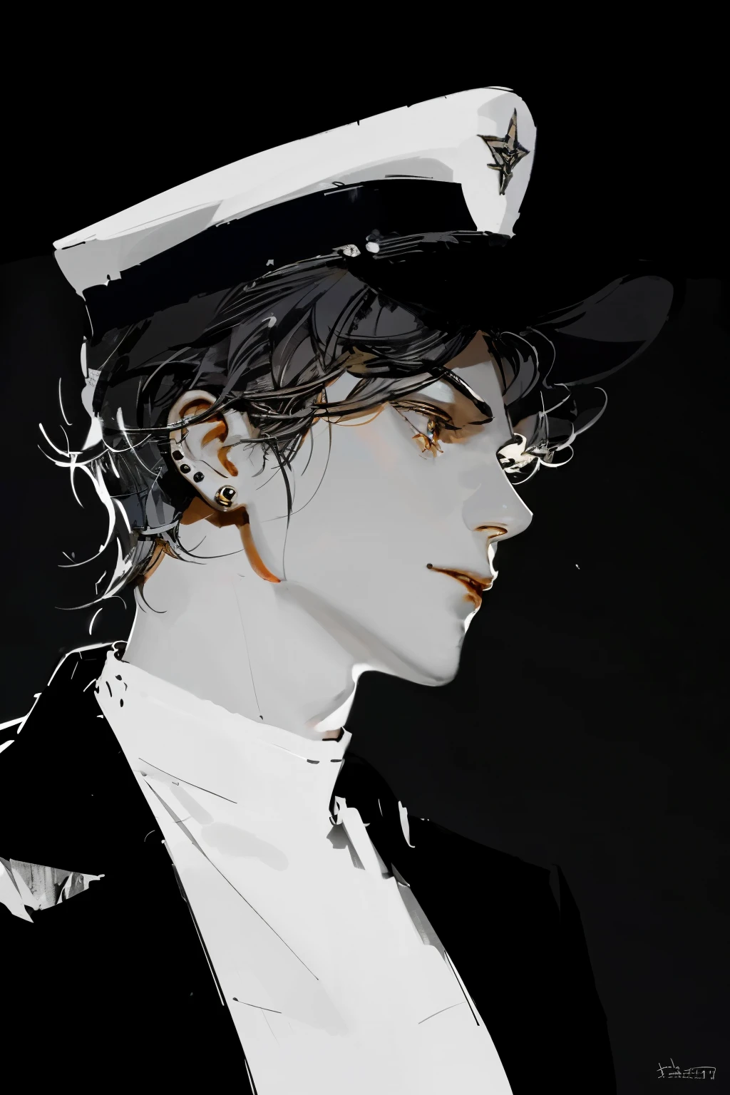 solo, black hair, 1boy, hat, jewelry, school uniform, upper body, male focus, earrings, artist name, profile, chain, gakuran, stud earrings
 