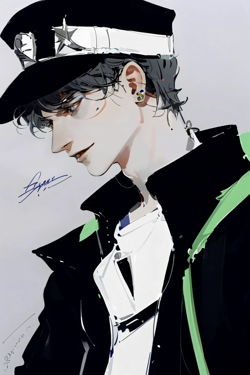 solo, black hair, 1boy, hat, jewelry, school uniform, upper body, male focus, earrings, artist name, profile, chain, gakuran, stud earrings
