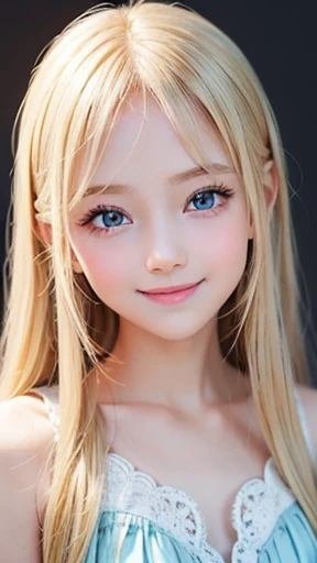 shiny skin、 Very cute and beautiful face、Very shiny and beautiful skin、very beautiful and cute pale blue eyes、Beautiful very long shiny silky blonde hair with golden shine、（************）、one small very beautiful cute girl、Beautiful cute bright look、Clear double eyelids、((Very happy smile))、cute clothes