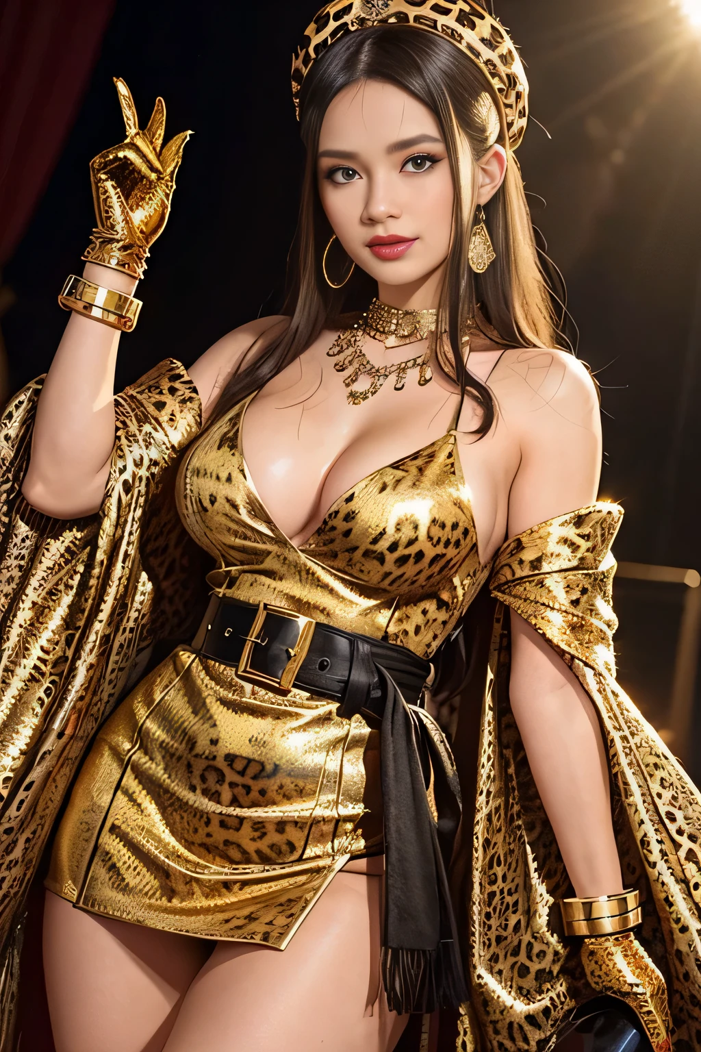 AI generated, pixiv, anime, Moe, glowing skin, oily skin, glamorous proportion, sadistic seductive smile, torogao, Great metal surface texture, sexual climax, Breast augmentation, toned female, Leopard print dress, puff sleeves, gold chain necklace, oversized jewelry, red headband, red gloves, statement earrings, gold charm, Bold makeup, bright colors, Luxurious style, vibrant outfits, theatrical fashion, chunky accessories, Black belt, Tightened waist, fashion statement, red lipstick, retro vibes, gorgeous appearance, Public speaking, entertainment events, stage presence, charismatic outfit, Celebrity style, fashion-forward, eclectic ensemble, patterned costume, exotic animal print, Gold Medallion, big colorful stones, fashion icon, bold statement piece, velvet textured gloves, high fashion, Stage costumes, Fashionista, chunky gold bracelet, designer wallet, Attractive style, luxury fashion, entertainment world sense, pop culture, Extravagant style, Expressive clothing, celebrity wardrobe, eye-catching ensemble, decorative accents, fashion festival, style influencer, Luxurious fabrics, designer labels,