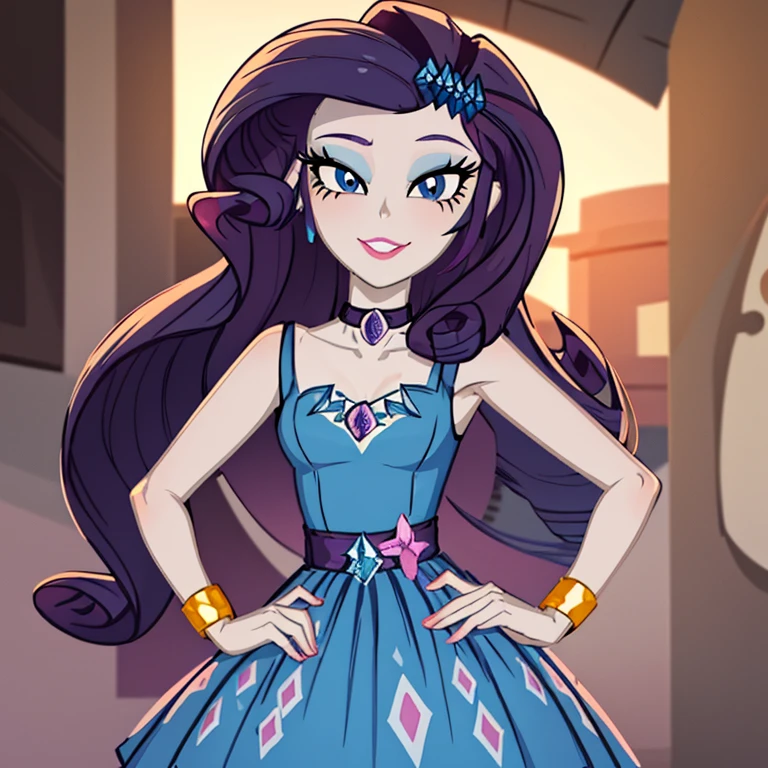 UNICODE(masterpiece, best quality:1.2),<�lora:mlp_rarity-10:1>,cowboy shot,female,solo,1girl,mlprarity,smile,looking at viewer,hands on hips,hair ornament,dress,jewelry,bracelet,highres,masterpiece,perfect ligthing,bloom,cinematic lighting,adult,perfect skin,narrow waist,skinny,choker,detailed eyes,blue eyes,choker,sensual,pink lips,((glossy lips)),pursed lips,pink pumps,glossy skin,oily skin,beautiful light,(day:1.3),bright,looking at viewer,city streets,