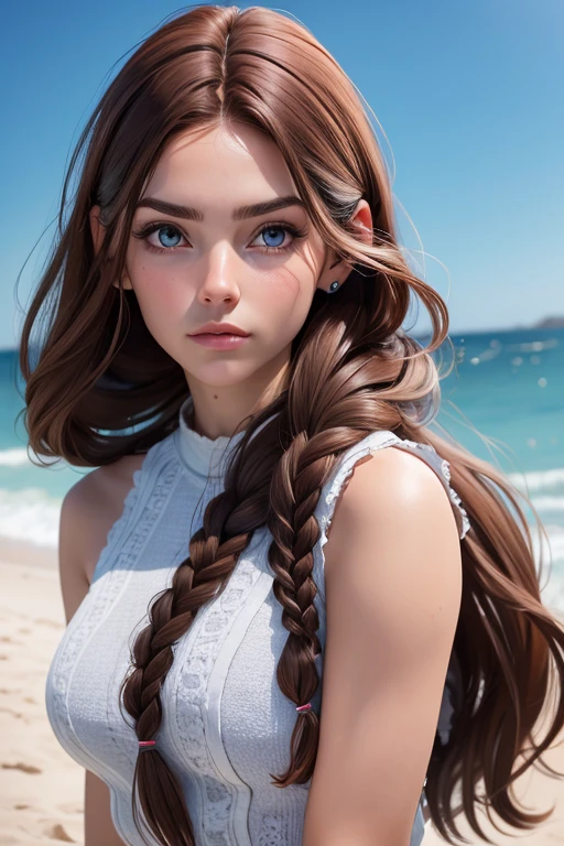 (Obra maestra, La mejor calidad) young nordic woman of 18 years, Cabello largo, ojos azules, cabello rubio, brown hair, tenencia, boca cerrada, Parte superior del cuerpo, arma, trenza, al aire libre, tenencia arma, realista.