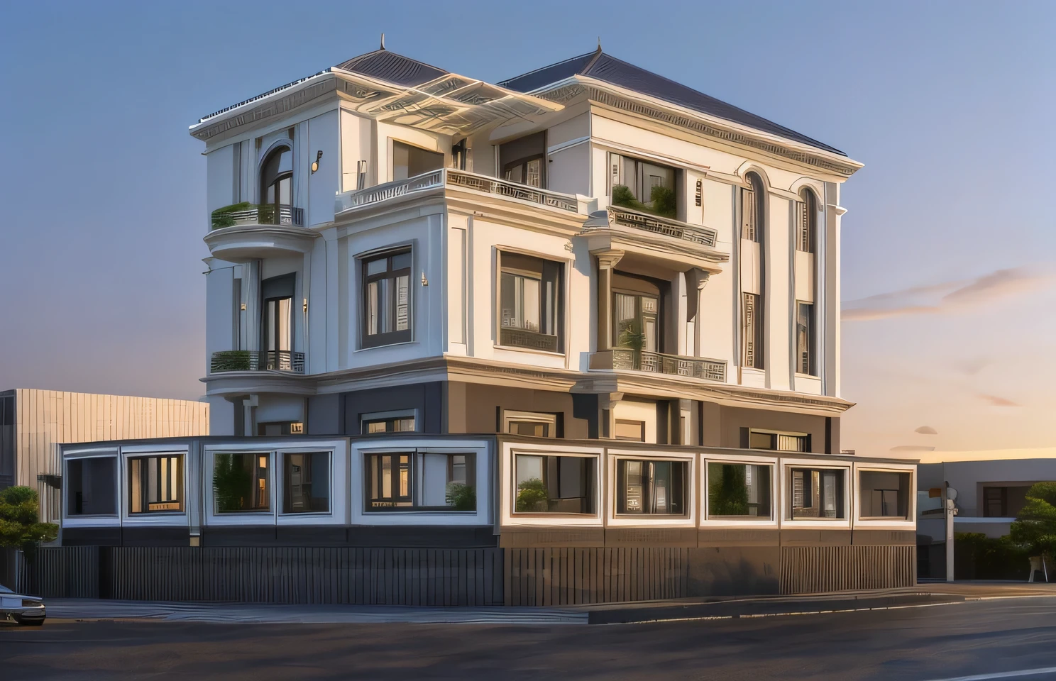 a rendering of a three story building with a balcony and balconies, front view, front elevation view, residential design, front perspective, perspective view, front-view, 3d rendering, 3 d rendering, front elevation, front view dramatic, exterior design, architectural render, front view, architectural concept, with 3 d render, (indochine:1.2), sky, cloud, morning weather, a road in front of house, (realistic:1.3), (tree:1.2), Marble decoration 