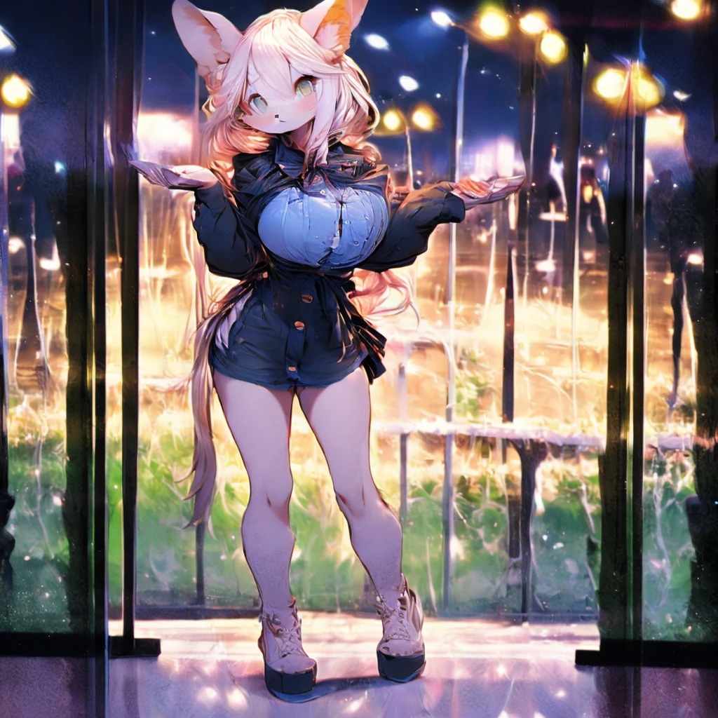 Empty abandoned school, Intricatedetails, full body view, One very shy and very tall, cute, sexy, furry school girl in a large fancy medieval private school, beautiful grey eyes, wonderful white hair, large breasts, black buttoned up shirt with a yellow tie, buttons about to burst, missing button, small white goat horns, small white goat tail, grey miniskirt, tight shirt, looks at viewer, Blushing intensely, black stockings, no shoes, standing near a locker shyly, night, hands on hips, perfect eyes, perfect face, perfect hair, perfect body, slim body, perfect breasts, perfect hands, perfect arms, perfect legs, perfect feet