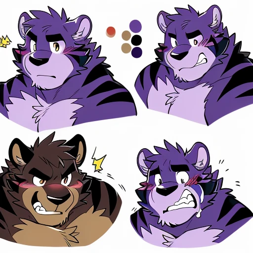by takemoto arashi, (character expressions sheet, character busts, side view, rear view), laughing, crying, angry, screaming, confused, embarrassed, blushing, sad, pouting, (1boy), solo, male anthro, kemono, (lavender bear), short purple Mohawk, white bangs,  dark stripes around chest, one dark purple stripe on back, ((brown torso)), (((fat face, bigger head, short ears))), stocky, short stature, chubby, muscle, hunk, sexy, bara, handsome boy, ((big eyes, expressive eyes, simple eyes, hazel eyes)), (masterpiece, high res, best quality), 4k, soft skin, warm color