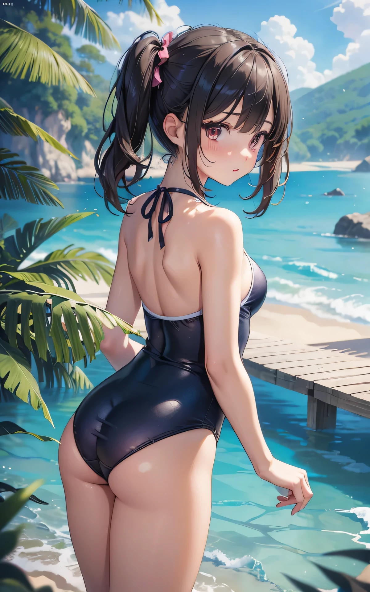 ((old school swimsuit))、from behind、absurderes、detailed hair、Flat Lighting、dramatic angle:1.exy pose、best quality、intricate detailed、Hyperrealistic、perspective, highly detailed, detailed background, illustration、1 girl、 body shape、small breort stature、Dynamic pose、blush、twintails、outdoor、hip focus
