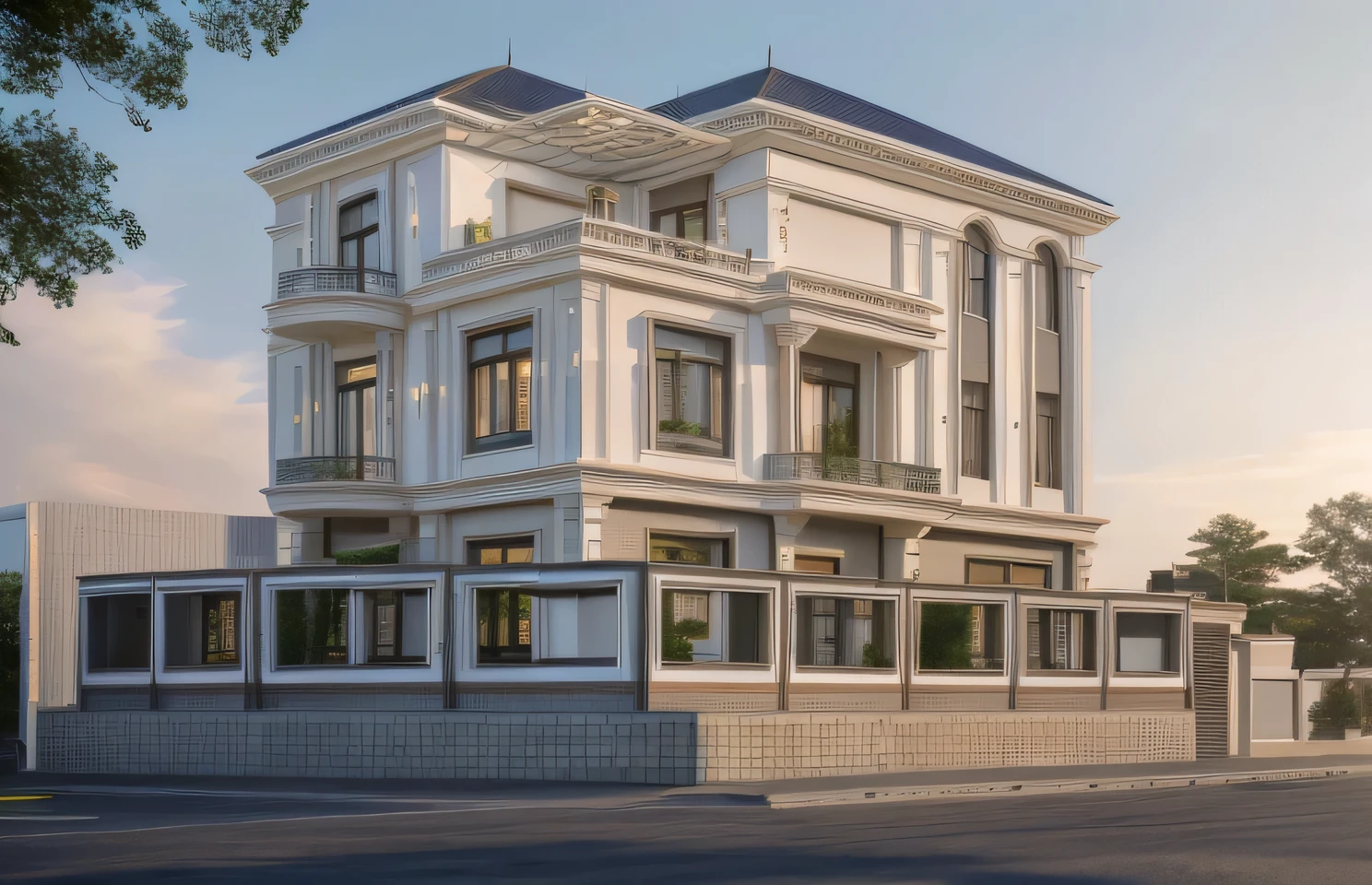 a rendering of a three story building with a balcony and balconies, front view, front elevation view, residential design, front perspective, perspective view, front-view, 3d rendering, 3 d rendering, front elevation, front view dramatic, exterior design, architectural render, front view, architectural concept, with 3 d render, (indochine:1.2), sky, cloud, morning weather, a road in front of house, (realistic:1.3), (tree:1.2), Marble decoration