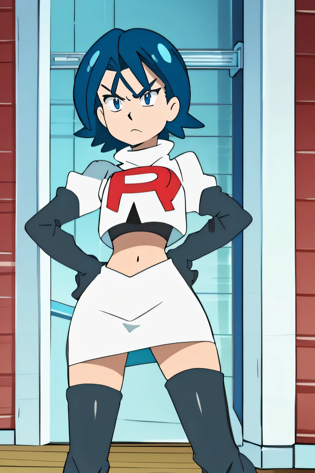 team rocket uniform, red letter r, white skirt,white crop top,black thigh-high boots, black elbow gloves, glaring angrily, looking at viewer, hands on hips, full body seen