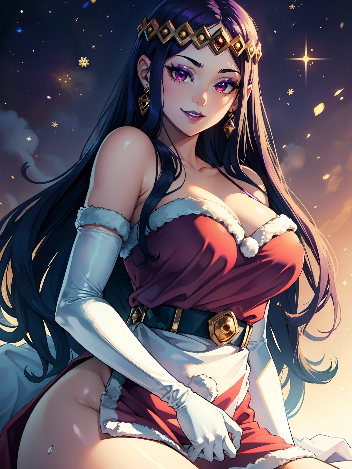 1girl, solo, masterpiece, best quality, high res, highly detailed, (illustration), beautiful detailed eyes, hilda ,purple hair ,purple lips, tiara, red eyes ,lipstick, eye shadow, heavy makeup, warm smile, long white satin elbow gloves ,cowboy shot, (santa), red santa dress, full body, elbow white gloves, long white gloves, sexy poses