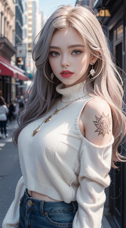 Beautiful girl college student,masterpiece,light makeup,red lips,silver hair,messy long hair,street background,beautiful,grace。super fine details,work,authentic texture,Realistic movie lighting,完美的work,8K,HD,exquisite features,White Skinny Turtleneck Top,White Skinny Shorts,slim body shape,big and bright eyes,,earrings,necklace,Tattoos