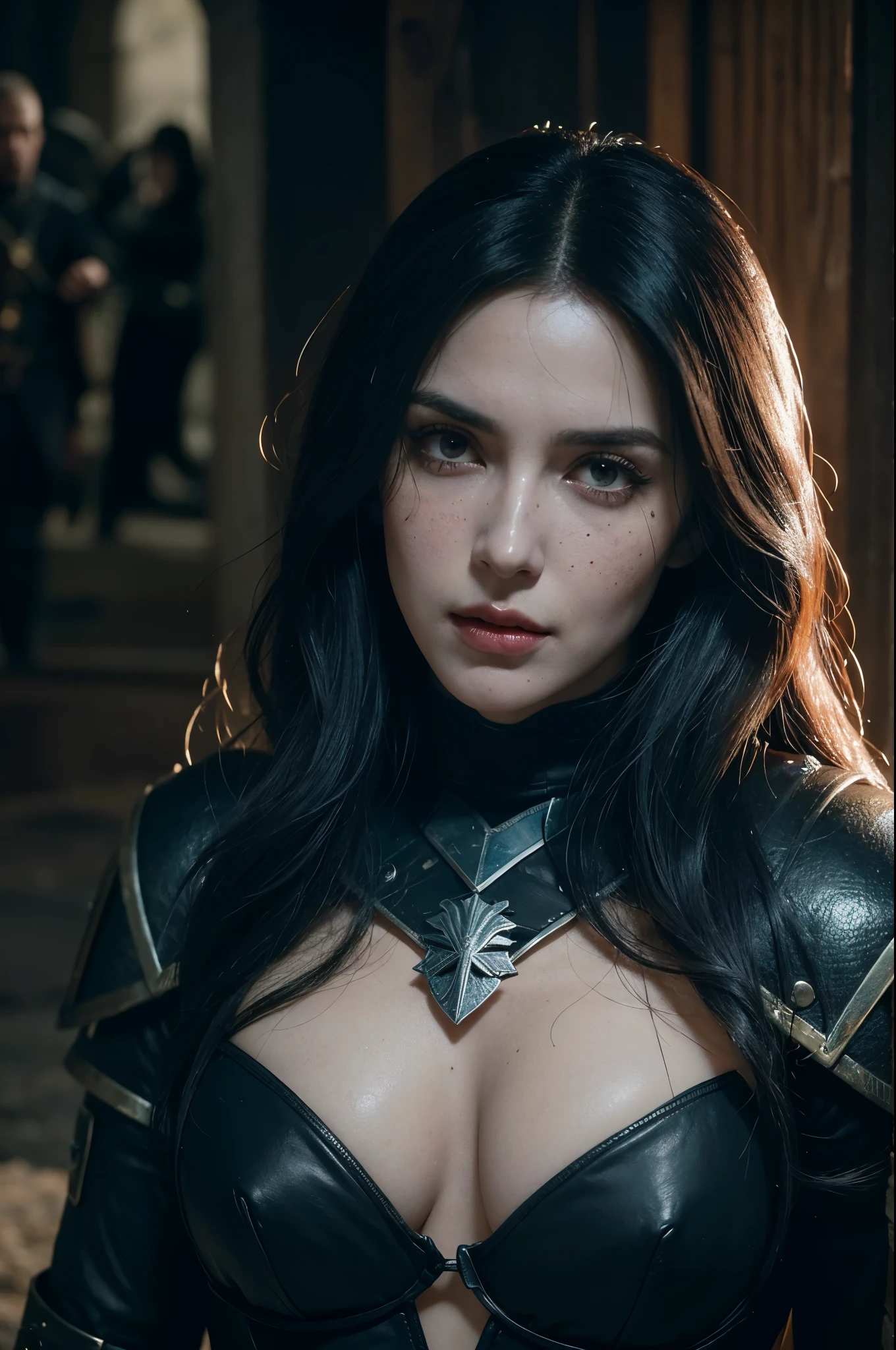 linda guerreira com longos cabelos pretos e olhos azuis parecida com a yennefer do jogo the witcher, She wears black metal medieval armor and is in the middle of a fierce battle against enemy soldiers.., your face is stained with blood and freckles, His skin is white, and his expression is angry
