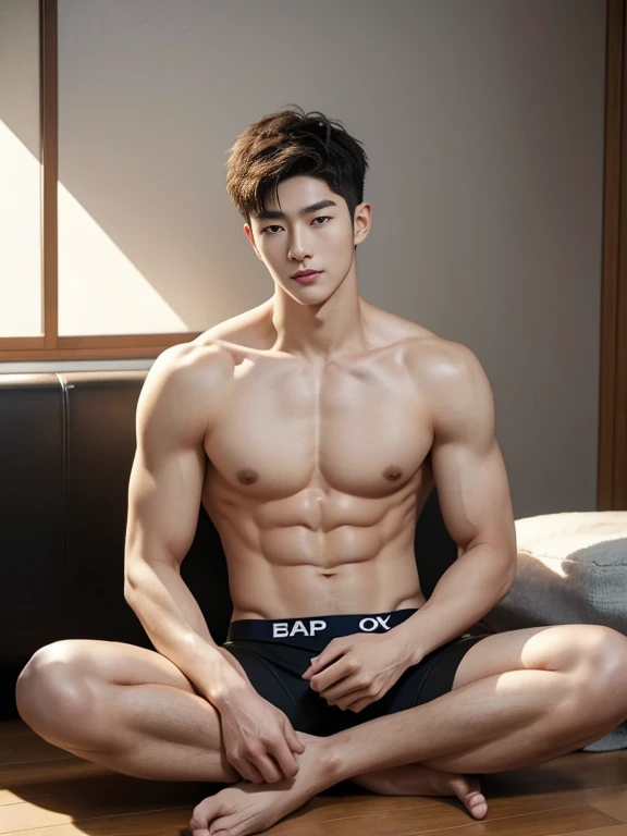 Korean male model in a briefs, handsome man, Full Body Shoot, short hair, look at camera, detailed facial parts, Manly, Charmer, Active Boy, sitting on floor, open legs, Freestyle Pose, Happy Expression, perfect anatomy, symmetric body, asian boy 19 years old, shirtless :: high detail, asian, a little six packs attractive body, realistic, human skin, Short Hairstyle, handsome chad chin, shirtless, handsome, attractive, masculine, sexually attractive, human skin, (eyes contact), Handsome, Attractive, bulge in briefs
