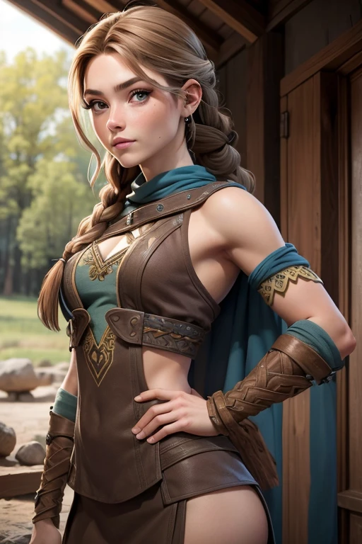 (Obra maestra, La mejor calidad) (young warrior woman of nordic descent), (cuerpo completo) (ojos verdes), (Muscular), (falda de piel), (brown hair color),(loose hair with small braids on the scalp), (top con correa de cuero) plumas, capa sobre el hombro, bufas, (azul, gray and brown suit), (cuerpo completo).