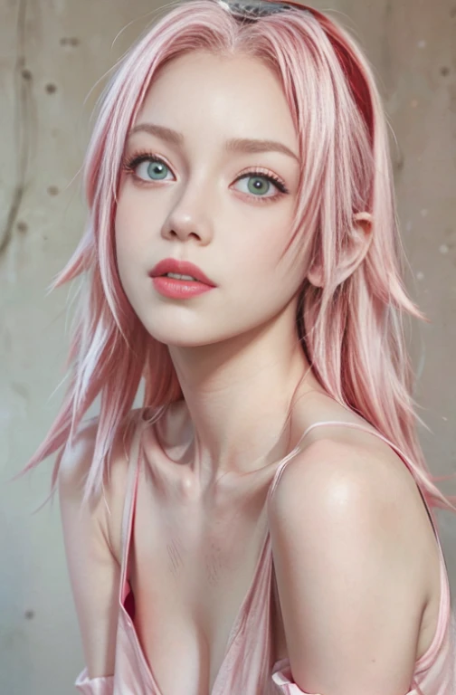 young woman, white skin, long bubblegum pink hair, red headband, wide forehead, pink eyebrows, large emerald green eyes, buttoned nose, thick red lips, heart-shaped face, low-cut gold dress, small breasts, high detail, sharp focus , Sakura Haruno, realistic, realism, 3d