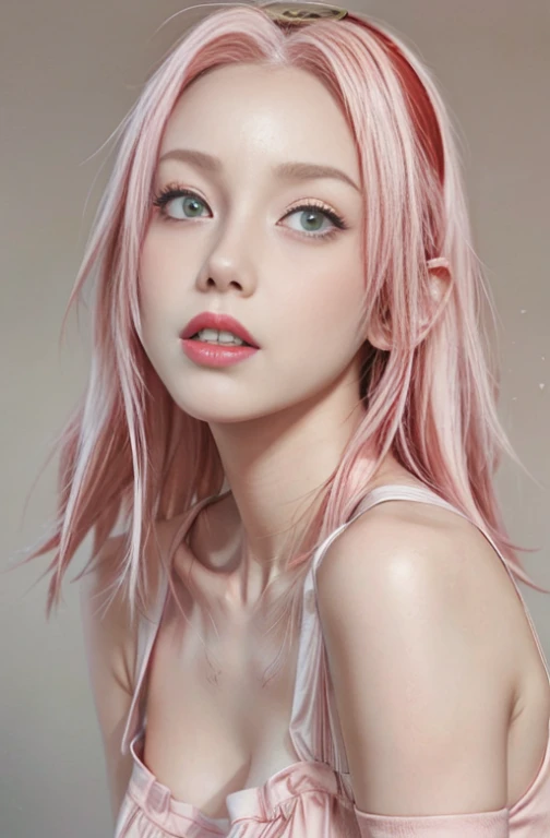 young woman, white skin, long bubblegum pink hair, red headband, wide forehead, pink eyebrows, large emerald green eyes, buttoned nose, thick red lips, heart-shaped face, low-cut gold dress, small breasts, high detail, sharp focus , Sakura Haruno, realistic, realism, 3d