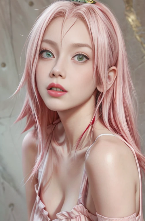 photorealistic, masterpiece, sidelights, exquisite gentle eyes, character focus, face focus, portrait, masterpiece, ,anime colored, cute face ,3D face, pink hair, long hair ,straight hair, 1 girl in tiny and tight lingerie ,blue eyes ,kind face, blush, hair ribbon ,cute face, gentle smile ,Gentle face ,glowing eyes ,neat and clean, adorable ,Slim Body, shiny hair, shiny skin ,niji, sketch, manga ,idle animation, ,striking a pose with index finger on the cheek, long shot, massive breasts, huge breasts ,nipples, erect nipples, perfect nipples, detailed nipples, nude ,medium long body shot ,cherry blossoms background