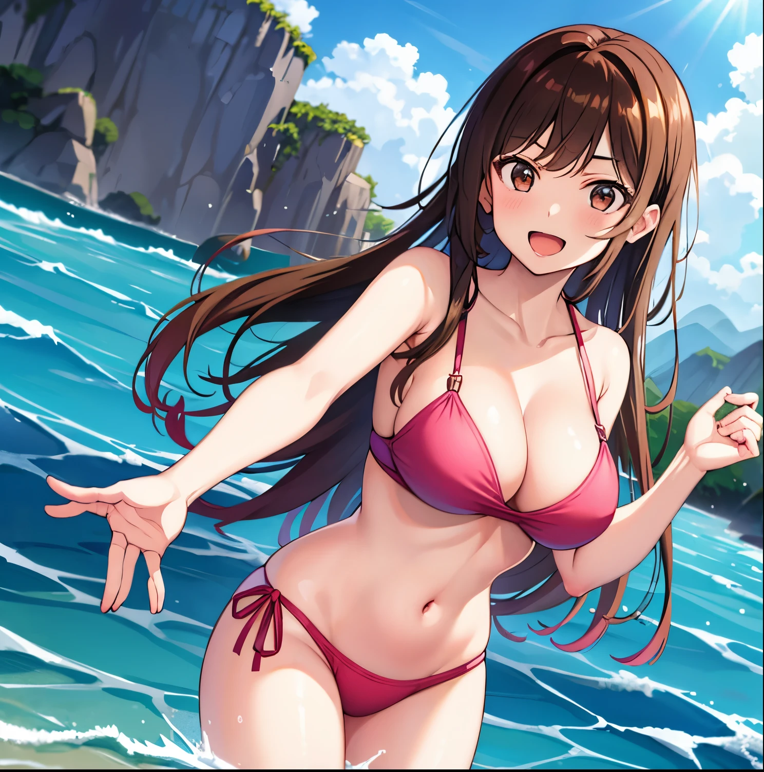 masterpiece, best quality, highres, chi1, 1girl, one_side_up, solo, bikini, navel, pink bikini, collarbone, side-tie bikini bottom, large breasts, bangs, cleavage,  beach, reaching out, smile, open mouth, wet, ocean,big breasts, medium waist, wide hips, medium thighs, long hair, brown hair, brown eyes