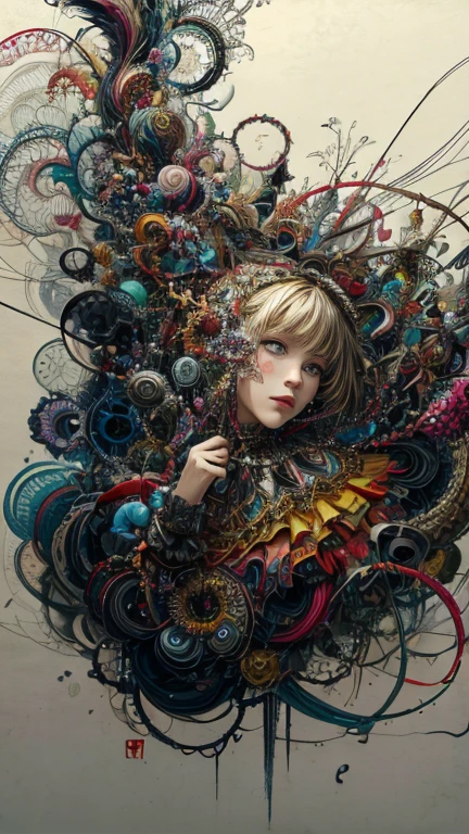 official art, unity 8k wallpaper, Super detailed, beautiful and aesthetic, masterpiece, highest quality, (zentangle, mandala, tangle, entangle), (fractal art:1.3) ,( 1 girl:1.4), very detailed, dynamic angle, cowboy shot, the most beautiful form of chaos, elegant, brutal designer, Bright colors, romanticism, Written by James Jean, robbie dowi antono, Ross Tran, francis bacon, Michael Mraz, Adrian's genius, Petra Cortright, Gerhard Richter, takato yamamoto, ashley wood, in the atmosphere, ecstasy of notes, Streaming notes are displayed,gear