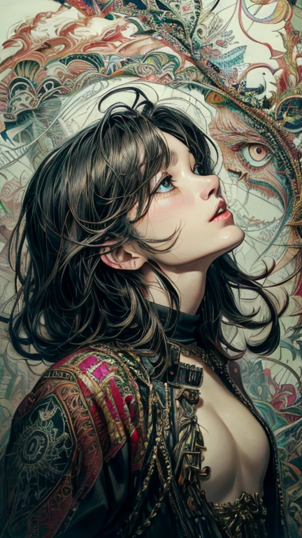 official art, unity 8k wallpaper, Super detailed, beautiful and aesthetic, masterpiece, highest quality, (zentangle, mandala, tangle, entangle), (fractal art:1.3) ,( 1 girl:1.4), very detailed, dynamic angle, cowboy shot, the most beautiful form of chaos, elegant, brutal designer, Bright colors, romanticism, Written by James Jean, robbie dowi antono, Ross Tran, francis bacon, Michael Mraz, Adrian's genius, Petra Cortright, Gerhard Richter, takato yamamoto, ashley wood, in the atmosphere, ecstasy of notes, Streaming notes are displayed,gear