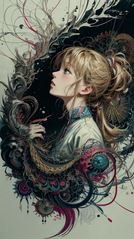 official art, unity 8k wallpaper, Super detailed, beautiful and aesthetic, masterpiece, highest quality, (zentangle, mandala, tangle, entangle), (fractal art:1.3) ,( 1 girl:1.4), very detailed, dynamic angle, cowboy shot, the most beautiful form of chaos, elegant, brutal designer, Bright colors, romanticism, Written by James Jean, robbie dowi antono, Ross Tran, francis bacon, Michael Mraz, Adrian's genius, Petra Cortright, Gerhard Richter, takato yamamoto, ashley wood, in the atmosphere, ecstasy of notes, Streaming notes are displayed,gear