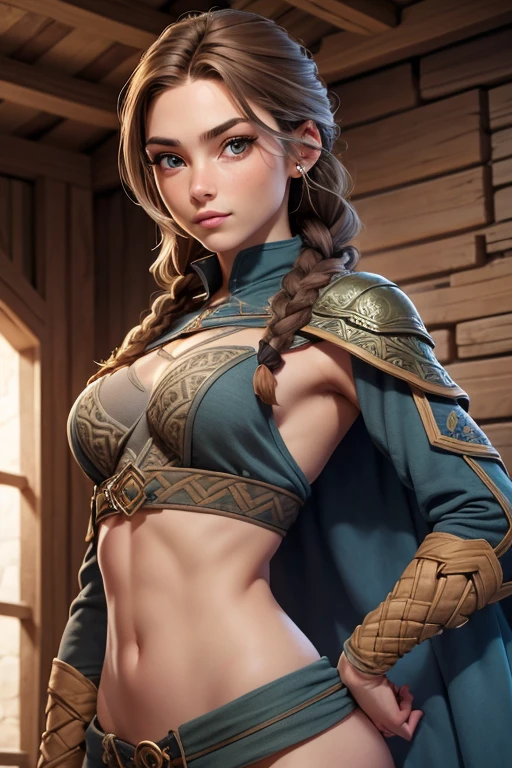(Obra maestra, La mejor calidad) (young warrior woman of nordic descent), (cuerpo completo) (ojos verdes), (Muscular), (falda de piel), (brown hair color),(loose hair with small braids on the scalp), (top con correa de cuero) plumas, capa sobre el hombro, bufas, (azul, gray and brown suit), (cuerpo completo).
