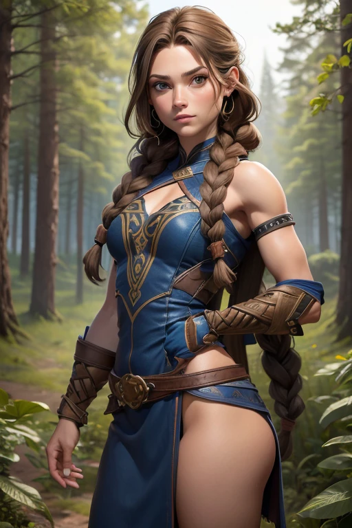 (Obra maestra, La mejor calidad) (young warrior woman of nordic descent), (cuerpo completo) (ojos verdes), (Muscular), (falda de piel), (brown hair color),(loose hair with small braids on the scalp), (top con correa de cuero) plumas, capa sobre el hombro, bufas, (azul, gray and brown suit), (cuerpo completo).