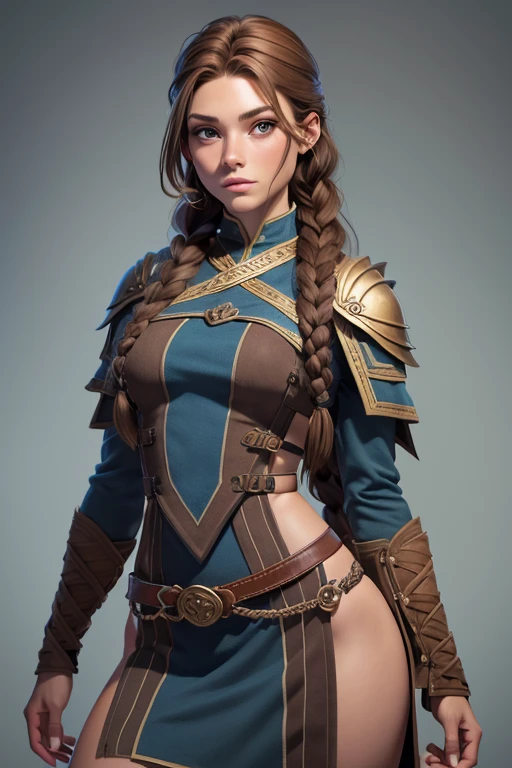 (Obra maestra, La mejor calidad) (young warrior woman of nordic descent), (cuerpo completo) (ojos verdes), (Muscular), (falda de piel), (brown hair color),(loose hair with small braids on the scalp), (top con correa de cuero) plumas, capa sobre el hombro, bufas, (azul, gray and brown suit), (cuerpo completo).
