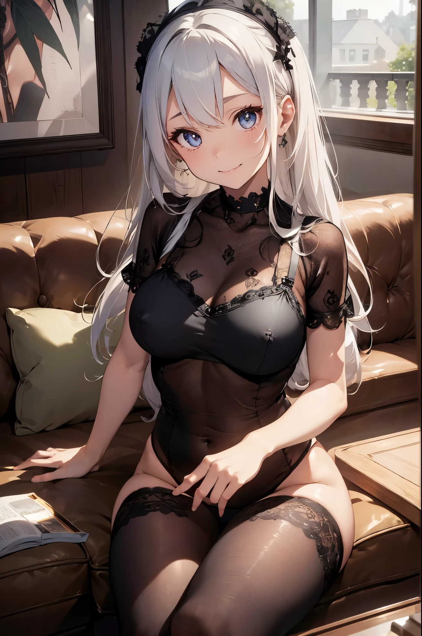 (nsfw),(black see-through bodysuit),(black lace bra, highleg panties),(gigantic breasts),1girl, (smile), sitting on the coach,upper body,(white hair), long hair, twin braids,(masterpiece, high quality, best quality), (colorful),(delicate eyes and face), volumatic light, ray tracing, bust shot ,extremely detailed CG unity 8k wallpaper,solo,outdoors, Luxurious Furniture, Opulent Decor, Elegant Sofa Set, Designer Coffee Table, High-end Lighting, Ornate Accessories, Premium Upholstery, Grand Chandelier, Lavish Interior, Refined Ambiance,