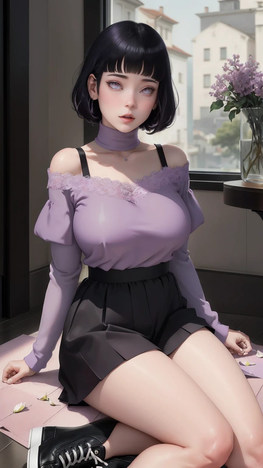 (masterpiece) (huge titusty, masterpiece, absurdres, hinata\(boruto\), 1girl, solo,mature female, off-shoulder bra, high waist short skirt, looking at viewelling petals), perfect composition, detailed lips, big breast, beautiful face, body propotion, blush, (pink lips), short hair, (black hair), purple eyes, soft gaze, super realistic, detailed, photoshoot, realistic face and body, closed mouth, , lilac eyes, full body, lace clothes, sittingon the floor with black shoes