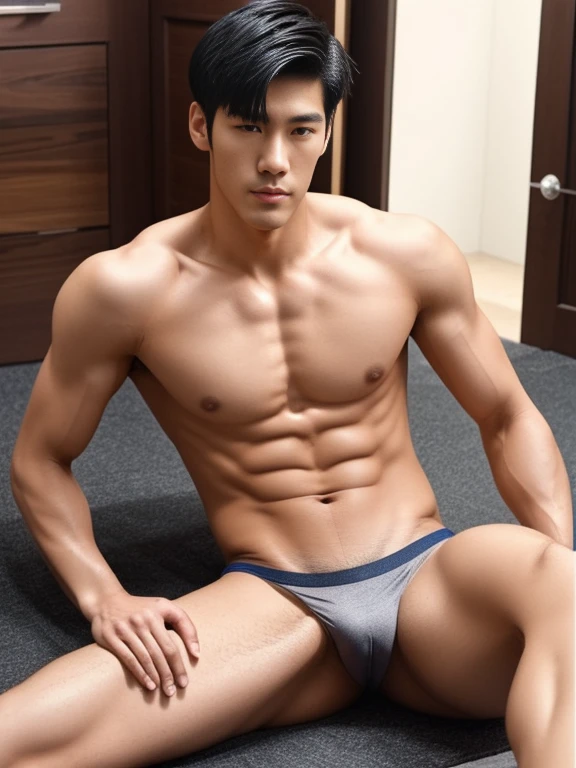 Korean male model in a briefs, handsome man, Full Body Shoot, short hair, look at camera, detailed facial parts, Manly, Charmer, Active Boy, sitting on floor, open legs, Freestyle Pose, Happy Expression, perfect anatomy, symmetric body, asian boy 19 years old, shirtless :: high detail, asian, a little six packs attractive body, realistic, human skin, Short Hairstyle, handsome chad chin, shirtless, handsome, attractive, masculine, sexually attractive, human skin, (eyes contact), Handsome, Attractive, bulge in briefs