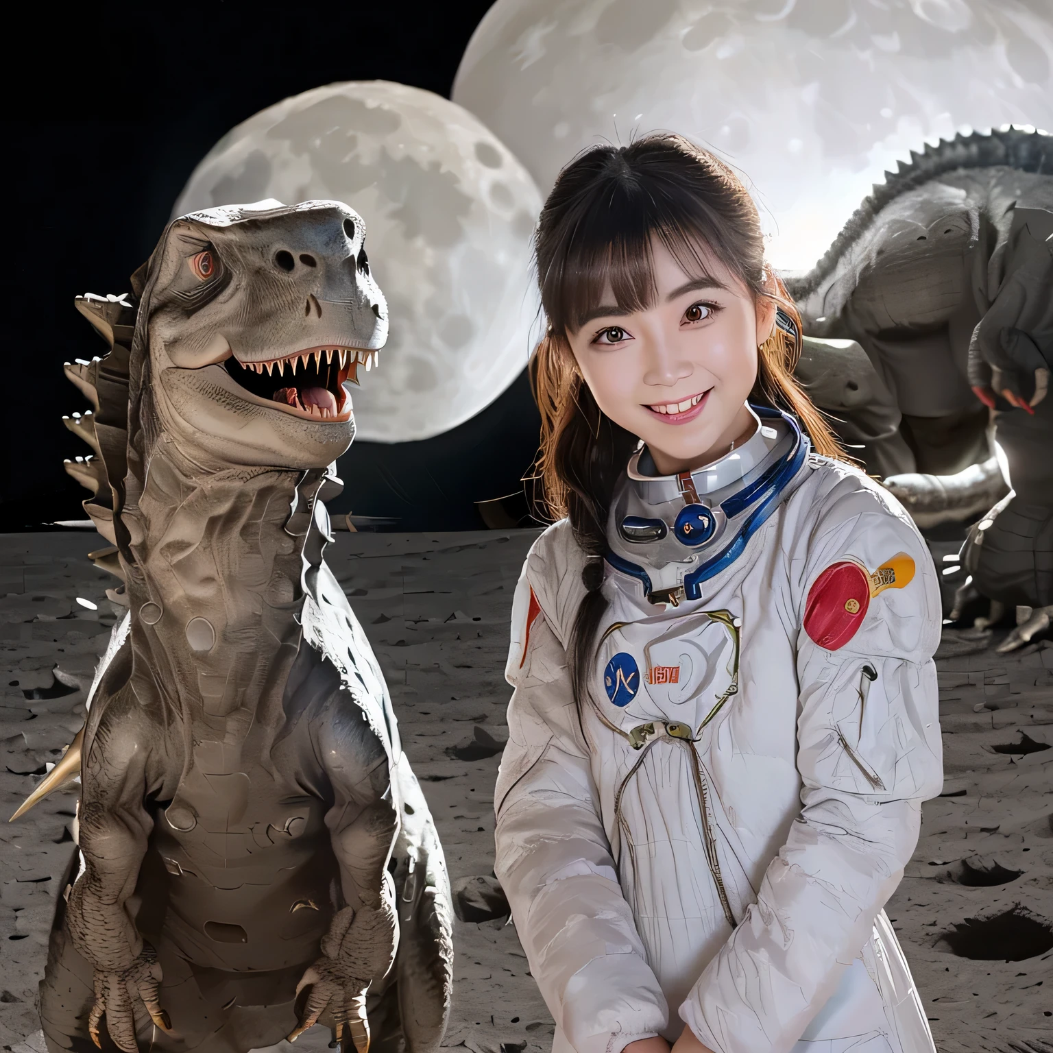 (china Girl and dinosaurs on the moon:1.5) ,(landing on the moon:1.2),(Velociraptors, real,dinosaurs:1.2),original photography,(ultimate beauty portrait、sparkling skin、Smile、bright expression、brown hair、Big eyes sparkling like gems、Harajuku、24 year old beautiful girl),Chinese astronauts ,Very detailed