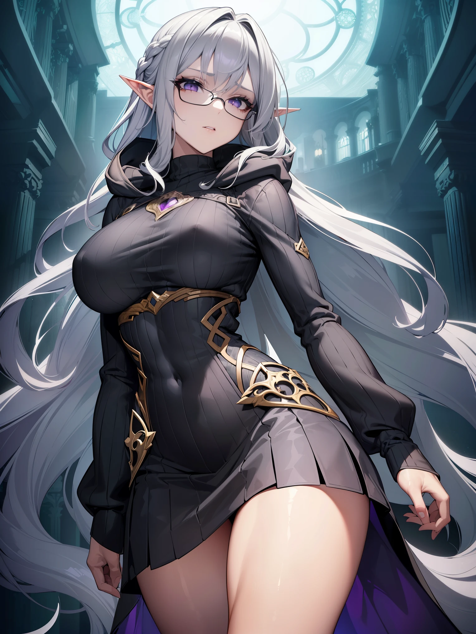 (masterpiece), 1girl, best quality, perfect face, erotic expression, beautiful 19yo Elf , white hair, ((purple eyes)), glasses ((big eyes)), Lady, (dark makeup),((Scanty clothes)) ((Wavy hair)) ((Long hair)), (skirt), slender well toned body, hot, ((Long sleeves)), ((gray hooded sweater)) black stockings, fishnet, (perfect breasts 0.8), (greyish green skin) high quality,best quality, 8k_wallpaper,extremely detailed eyes,extremely detailed body,extremely detailed finger, (large masterpiece digital art), (detailed manga illustration), (detailed line art), ((perfect)) anatomy, best hands)), (intricate details:1.3), (ultra-detailed:1.3), (illustration:1.3), (sharp focus:1.3), (natural lighting:1.05), (vivid colors:1.3), fantasy dungeon environment,
