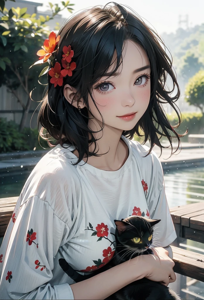 (8k、Realism、original photography、top quality: 1.3)、(1 girl in)、super beautiful、(serious)、(childish、Natural color berry shorthair cat)、T-shirt with open chest、lace,Engage your audience、beautiful expression、Beautiful big、Lover's perspective、(real skin)、beautiful smile、(Soldier)、Tempting、ultra high resolution、Surrealism、high detail、On the flower