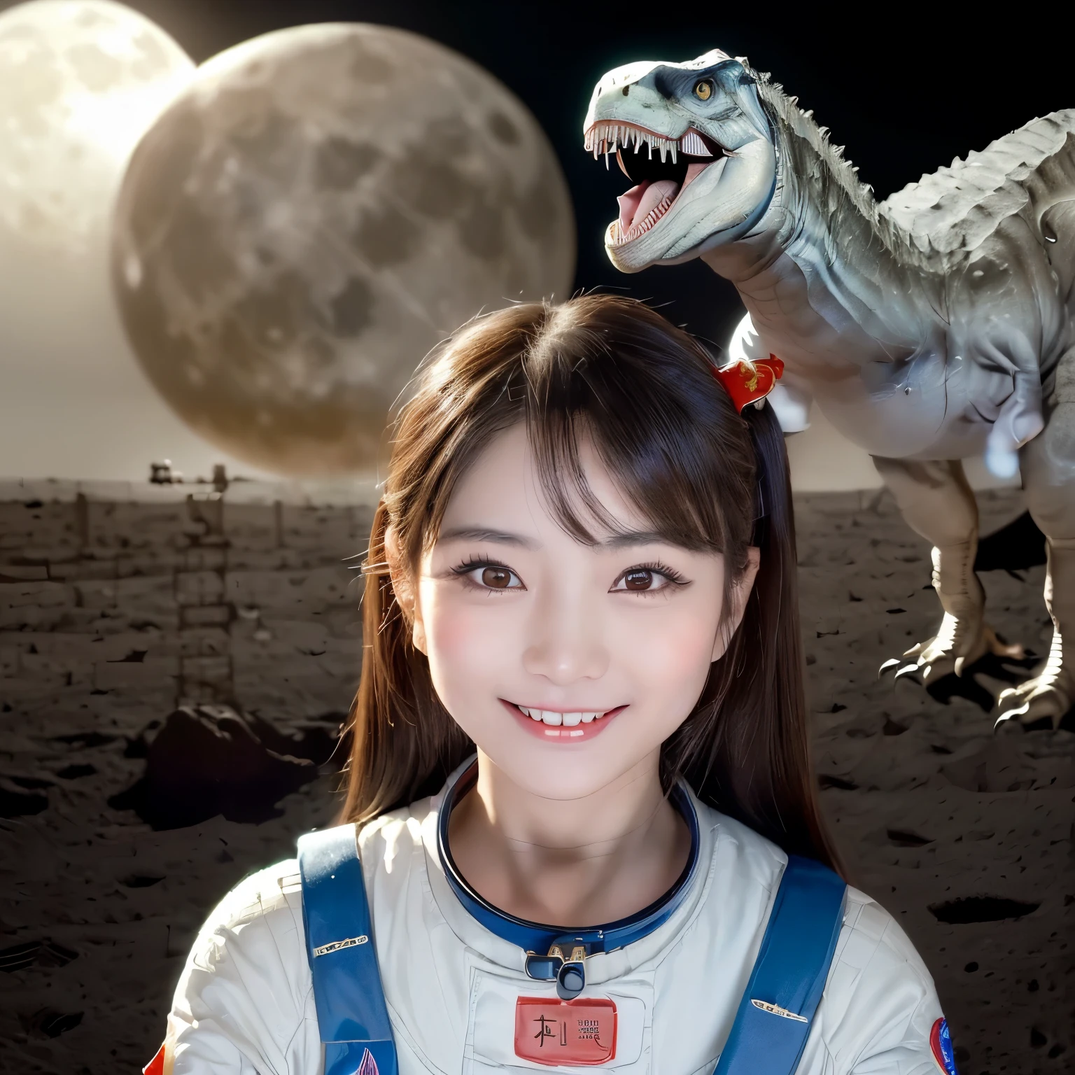 (china Girl and dinosaur on the moon:1.5) ,(moon landing:1.2),(Velociraptor, real,dinosaur:1.2),Raw photography,(Ultimate Beauty Portrait、glistning skin、Smile、bright expression、brown haired、Big eyes that shine like jewels、Harajuku、24 year old beautiful girl),Chinese astronaut ,ighly detailed
