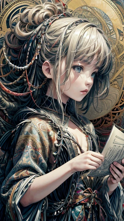 official art, unity 8k wallpaper, Super detailed, beautiful and aesthetic, masterpiece, highest quality, (zentangle, mandala, tangle, entangle), (fractal art:1.3) ,( 1 girl:1.4), very detailed, dynamic angle, cowboy shot, the most beautiful form of chaos, elegant, brutal designer, Bright colors, romanticism, Written by James Jean, robbie dowi antono, Ross Tran, francis bacon, Michael Mraz, Adrian's genius, Petra Cortright, Gerhard Richter, takato yamamoto, ashley wood, in the atmosphere, ecstasy of notes, Streaming notes are displayed,gear