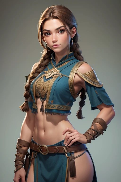 (Obra maestra, La mejor calidad) (young warrior woman of nordic descent), (cuerpo completo) (ojos verdes), (Muscular), (falda de piel), (brown hair color),(loose hair with small braids on the scalp), (top con correa de cuero) plumas, capa sobre el hombro, bufas, (azul, gray and brown suit), (cuerpo completo).