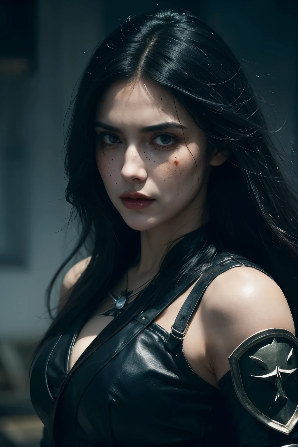 linda guerreira com longos cabelos pretos e olhos azuis parecida com a yennefer do jogo the witcher, She wears black metal medieval armor and is in the middle of a fierce battle against enemy soldiers.., your face is stained with blood and freckles, His skin is white, and his expression is angry
