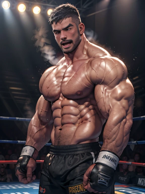 3D Photorealistic, Masterpiece realistic, best high quality, perfect details, RAW Photo, intricate details, nice lighting, 4K, detailed background, In the championship boxing match, A determined muscular boxing champion 45-year-old man, perfect wrinkle wearing pure white boxing trunk and red boxing gloves. His faces marked with grit and determination. Crowded audiences and nice lighting, nice face lighting, serving a boxing battleground. The banner signs overhead cast a surreal, flickering glow, adding to the atmosphere of raw energy. He looks firm in powerful boxing stances, as ready to start the fight in a next second. Unnoticed by the world beyond. It's a fight born of pride, rivalry, or perhaps a deeper conflict and pride, and it rages on with an intensity that can only be found in the unforgiving boxing stadium of the city. Intricate details, details of physic muscle, perfect body anatomy, perfect hand anatomy. hot beard, (look at viewer:1.6), (straight face:1.2), bodily fluid (bodily fluid:1.5), bruised body (bruised body:1.7), last breathe (last breathe:1.8), damaged abs (damaged abs:1.7), run out of stamina (run out of stamina:1.8), extremely fatigue (extremely fatigue:1.8), mouth open (mouth open:1.3). chest hair (chest hair:1.4).