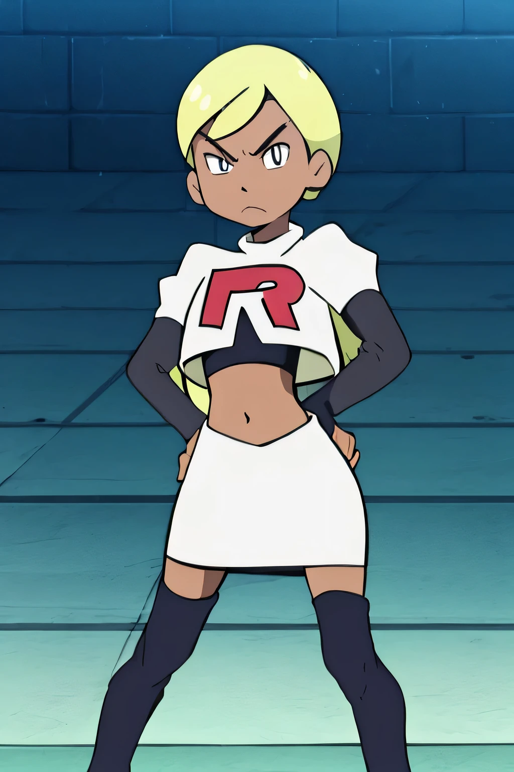 team rocket uniform, red letter r, white skirt,white crop top,black thigh-high boots, black elbow gloves, glaring angrily, looking at viewer, hands on hips, full body seen