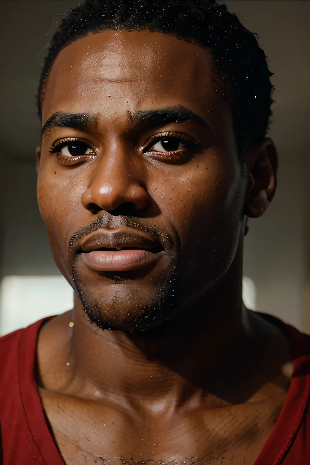 Render a close-up portrait capturing the intensity in Kwame's eyes as he delivers a motivational message. His facial expressions should convey determination and warmth, emphasizing the deep connection he has with his audience.