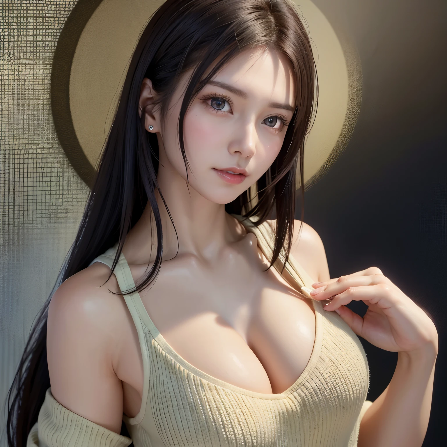 (in 8K, top-quality, masterpiece:1.2), (realisitic, Photorealsitic:1.37), ultra-detailliert, Natural sunlight, mideum breasts, I can see the cleavage, 1 persons, 25 year old woman, Dark hair, Pendants, Torn shorts, Light Knit V-Neck Shirt, At the time of performance, extremely detailed face and skin, A detailed eye, extremely detailed face and skin