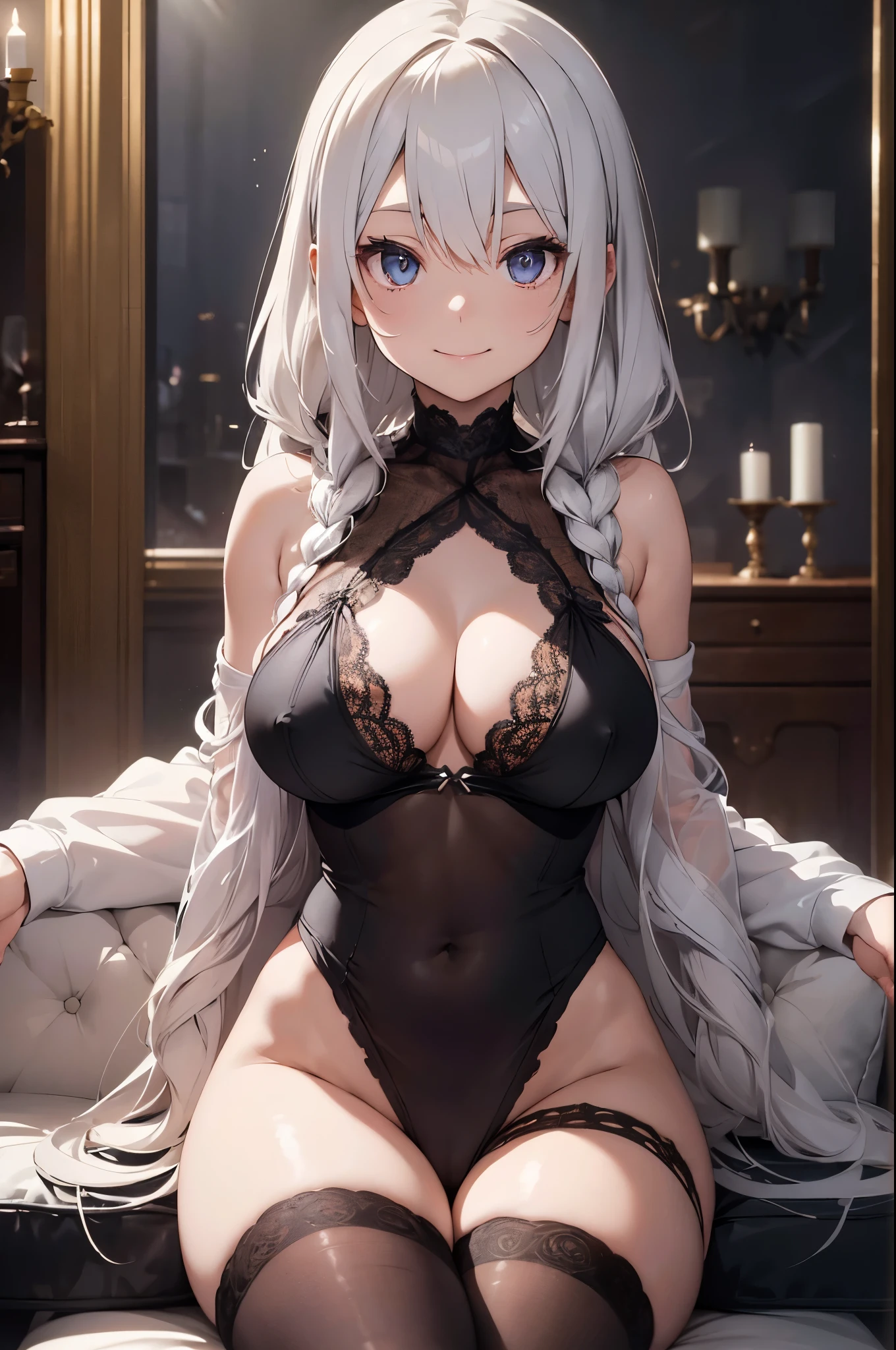 (nsfw),(black see-through bodysuit),(black lace bra, highleg panties),(gigantic breasts),1girl, (smile), sitting on the coach,upper body,(white hair), long hair, twin braids,(masterpiece, high quality, best quality), (colorful),(delicate eyes and face), volumatic light, ray tracing, bust shot ,extremely detailed CG unity 8k wallpaper,solo,outdoors, Luxurious Furniture, Opulent Decor, Elegant Sofa Set, Designer Coffee Table, High-end Lighting, Ornate Accessories, Premium Upholstery, Grand Chandelier, Lavish Interior, Refined Ambiance,